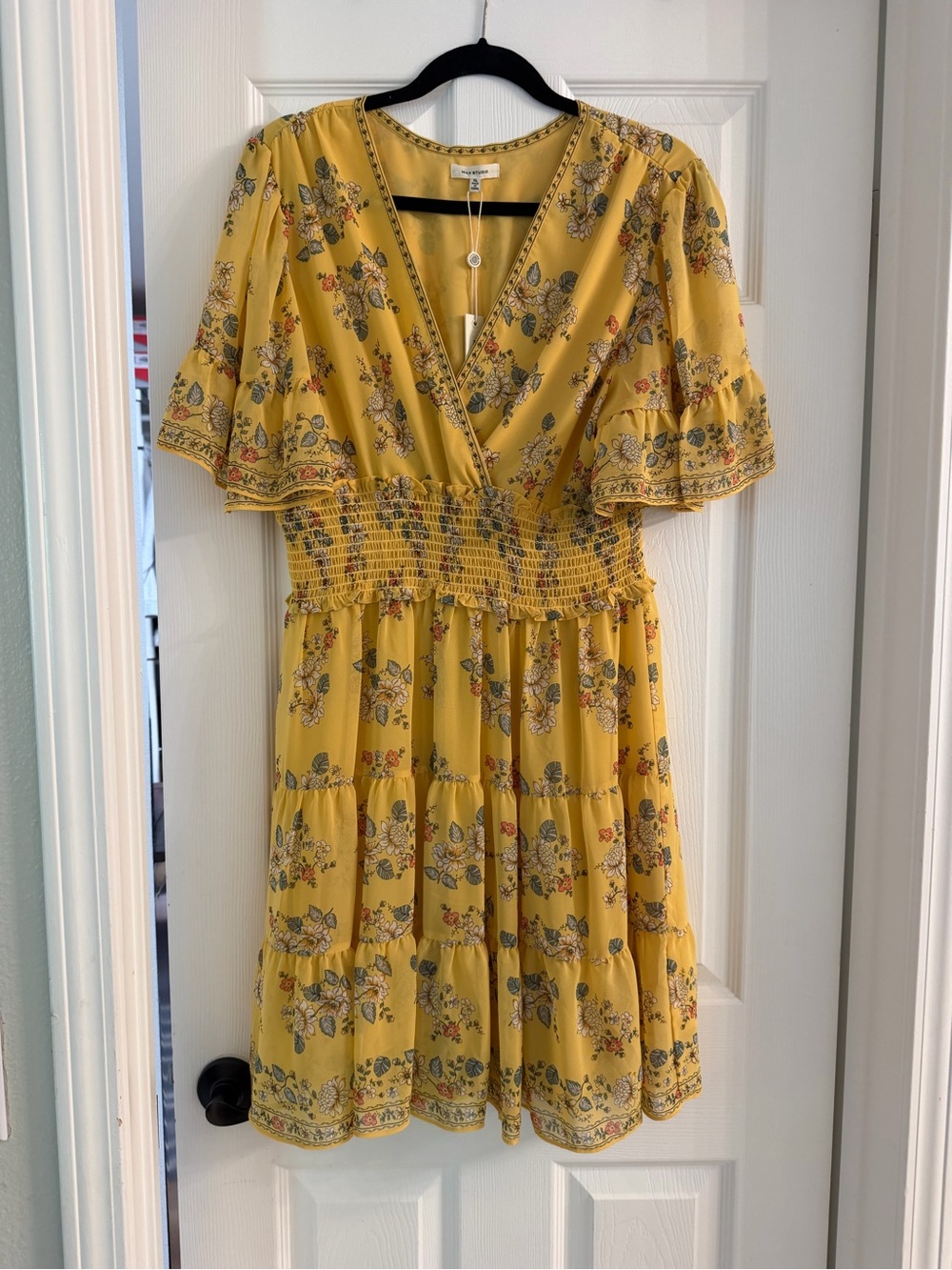 NWT Max Studio Mustard Yellow Floral Smocked Waist Dress – XL – MSRP $138